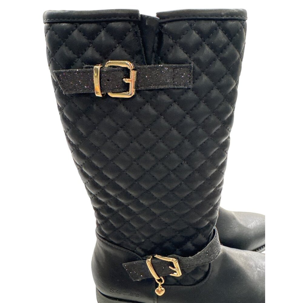 Skechers Girls Black Quilted Knee-High Boots With Gold Buckles & Side Zippers - - Picture 7 of 10